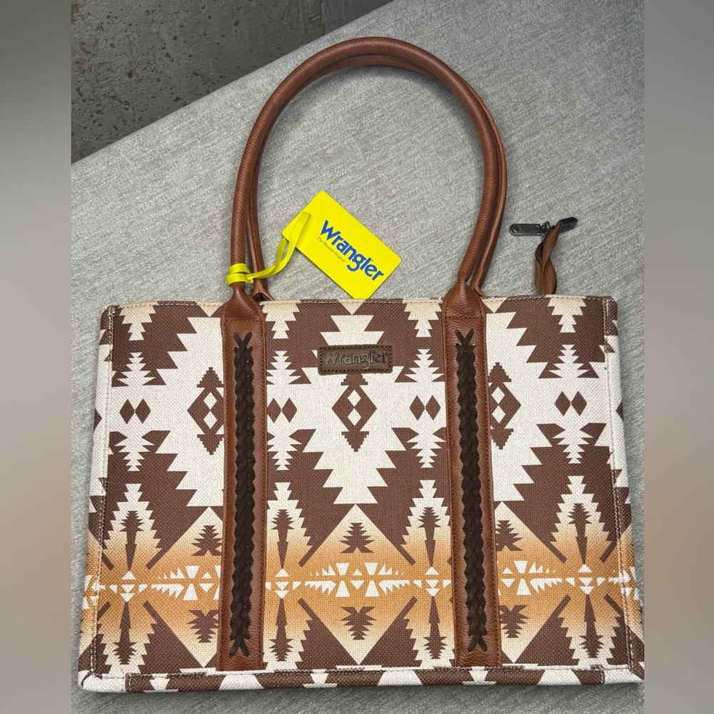 NWT Wrangler Aztec Tote Bag – Western Print Canvas Handbag – Brown/Cream